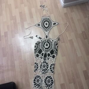 Fashion Nova Black and Cream Crochet Dress